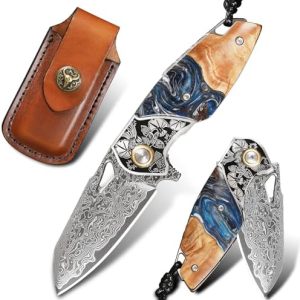Handmade Damascus Steel Folding Knife | Unisex Pocket Knife | |5" Blade with Cowhide Sheath | Camping & Hiking EDC | Fis